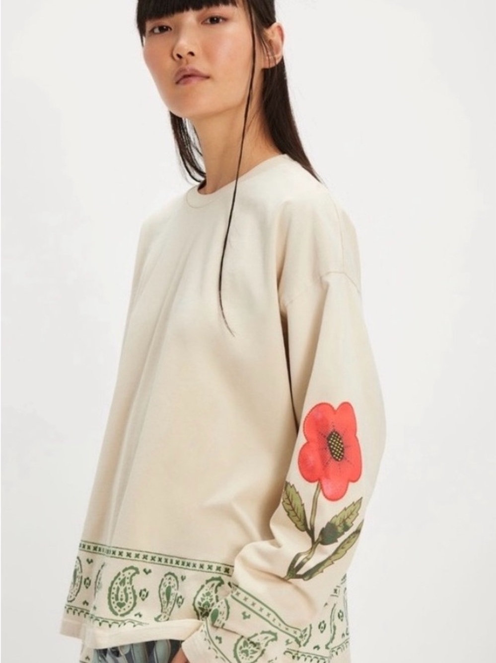 Women's Cream Floral-Sleeve Crew Sweatshirt